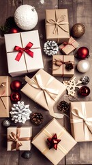 Christmas gifts and decorations on a wooden surface