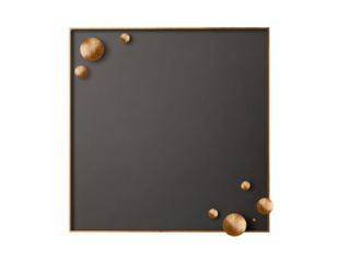 Dark gray square frame, gold accents,  rounded orbs