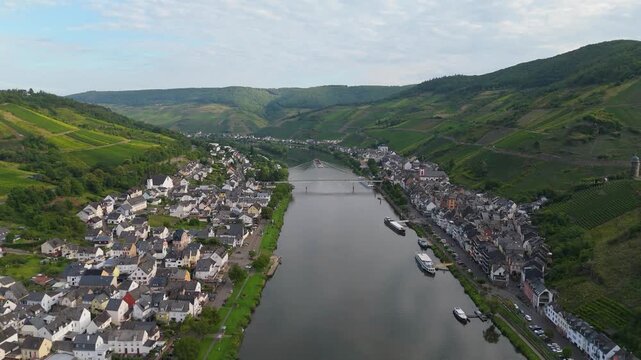 Zell village, Moselle river, Zeller Hamm, aerial view over Mosel valley landscape, Rhineland Palatinate, Germany, vineyard mountain
