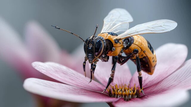 Mechanical Robotic Bee on Pink Flower with Futuristic Metallic Design in Nature
