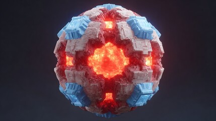 A fractured, glowing sphere, predominantly red and white, with light-blue geometric elements inset, radiating internal heat