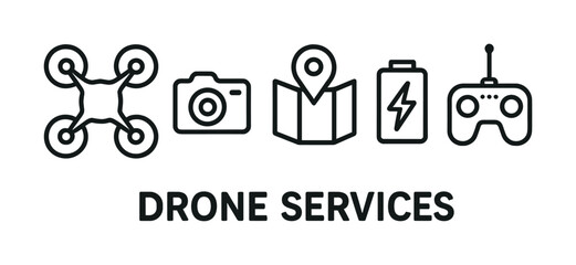 Drone services icon set featuring drone, camera, map, battery, controller