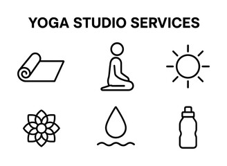 Yoga studio services icons: mat, pose, sun, flower, water, bottle