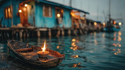 Obraz premium Floating house village, candle on a boat
