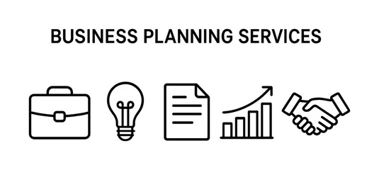 Business planning services icons: briefcase, light bulb, document, growth chart, handshake
