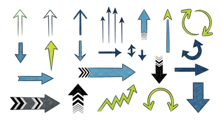 Isolated arrows collection, sketch design elements, navigation direction signs set, line arrows