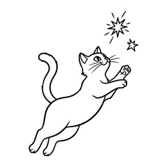 Celestial Cat: A charming line drawing depicts a curious cat leaping upwards towards twinkling stars, evoking a sense of wonder and playful curiosity.