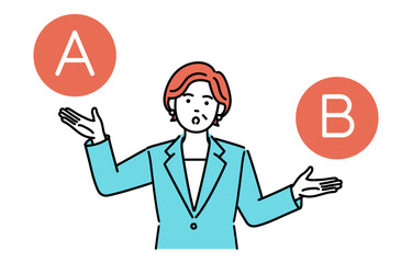 Simple illustration of an adult businesswoman listing and explaining her options.