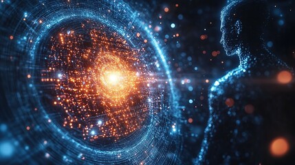 Digital Human with Glowing Particles and Energy Waves for AI Quantum Knowledge, Light Portal in Dark Blue Tech Background