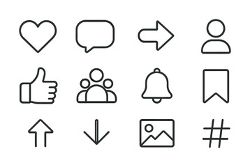 Set of vector icons: heart, speech bubble, arrow, user, thumbs up, group, bell, bookmark, upload, download, image, hashtag