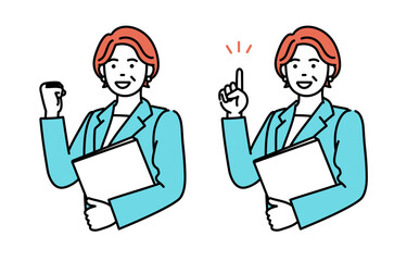 Simple illustration set of adult businesswoman posing with documents