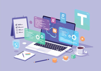 Laptop programming workspace, coding software development, technology interface, digital workspace, software engineering, project management, developer tools, tech innovation