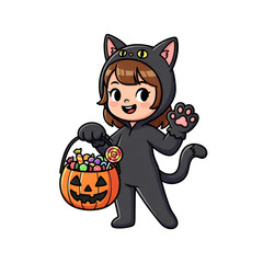 
A little girl in a black cat costume with a pumpkin full of candy on Halloween