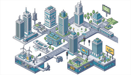 Modern sustainable cityscape, isometric eco urban design, green energy infrastructure, smart transportation, rooftop solar panels, electric vehicles, future city illustration