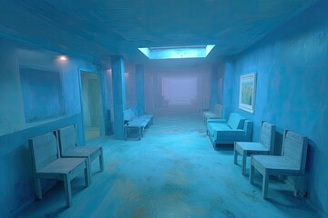 Empty hospital hallway, cool blue tones