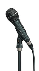 A dark gray microphone on a stand.  Its  dark gray,  smooth body, textured  cap, and attached cable are depicted