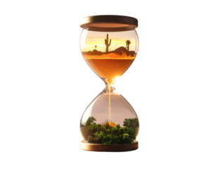 Fantasy hourglass merging barren desert with green forest ecosystem isolated on transparent background PNG
