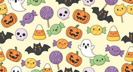 Obraz premium Cute Halloween Pattern Featuring Ghosts Bats Pumpkins Candies and Skulls Background