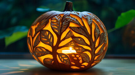 Intricate Pumpkin Lantern: A beautifully carved pumpkin lantern with a flickering candle inside, casting warm glow through the intricate patterns. Capturing a harmonious blend of light and artistry.