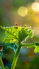 Close-up of a vibrant green leaf with small insects