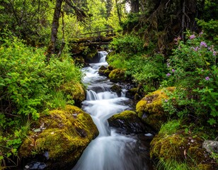 Obraz premium A tranquil mountain stream flows through a lush forest