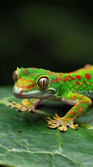 Fototapeta premium Madagascar giant day gecko portrait basking on a vibrant green leaf in natural habitat