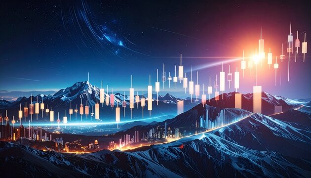 Abstract Futuristic Candlestick Chart Over Mountain Landscape Digital Financial Illustration - Powered by Adobe