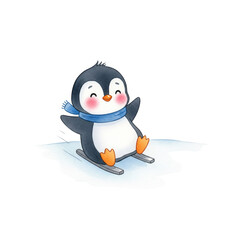 Obraz premium Cute and funny penguin on the snow with ice skates and a snowman, celebrating a happy winter holiday