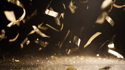 Golden confetti frozen in motion against dark background, celebrating energy and sparkle.