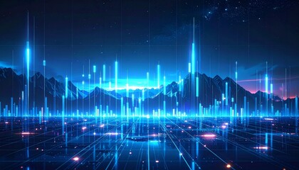 Futuristic Abstract Landscape Data Visualization with Glowing Grid and Mountains