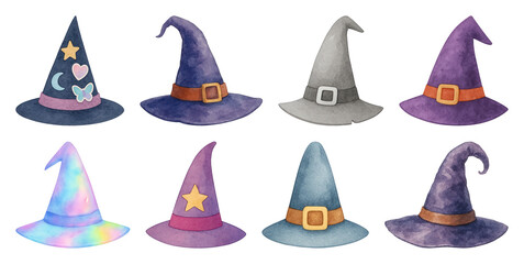 PNG Colorful whimsical witch hats illustration, element set on transparent background