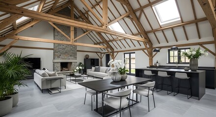 Luxurious Modern Barn Conversion Interior: Open-Plan Living, Exposed Beams, Fireplace.
