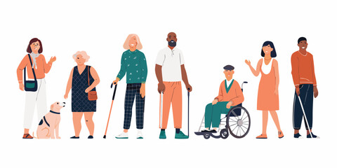 Diverse group of people including a person in a wheelchair and a service dog