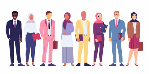 Diverse professionals in colorful business attire with headscarves on white background