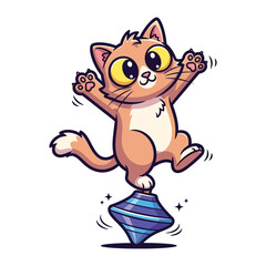  Whimsical Cat Balancing: An endearing illustrated image captures a cheerful cat masterfully balancing on a spinning top, radiating a sense of playfulness and coordination.