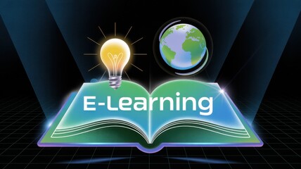 Digital e learning book with lightbulb and globe