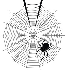 Obraz premium A spooky black and white vector graphic of a spider on its intricate web, perfect for Halloween and symbolizing danger, fear, and creepy crawlies.