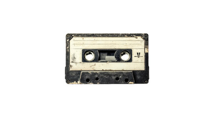 Fototapeta premium Vintage audio cassette tape, showing signs of age and use. Dark background, focused on the tape's worn, dirty surface