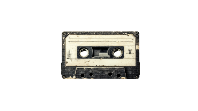 Vintage audio cassette tape, showing signs of age and use.  Dark background, focused on the tape's worn, dirty surface