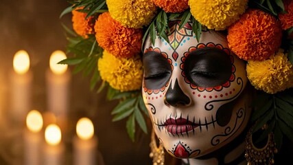 Elegant portrait of a woman with stunning sugar skull makeup and a vibrant marigold flower crown for dia de los muertos day of the dead