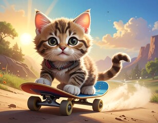 Cute kitten skateboarding in a sunny landscape