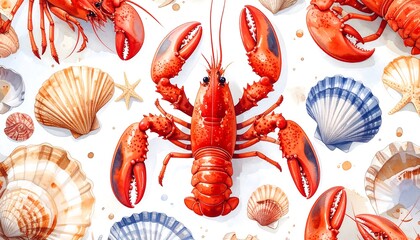 Colorful seafood pattern on a white background