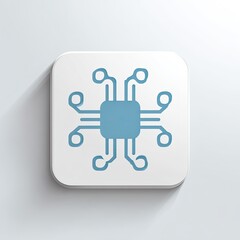 Fototapeta premium A stylized microchip icon, blue lines on white square, depicts connections and digital technology