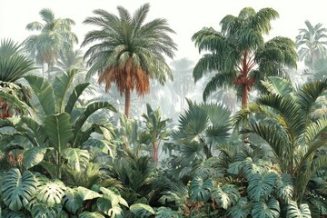 Lush tropical foliage, palm trees in misty sunlight