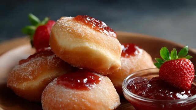 Delicious fresh strawberry-filled doughnuts on wooden plate with jam