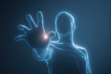 Luminous Blue Humanoid Silhouette Reaching Out with a Bright Spark of Light.
