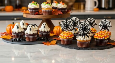 Festive Halloween cupcakes decorated with ghosts, spiders, and candy corn create a spooky sweet