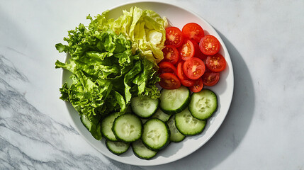 Fresh Vegetarian Salad: A vibrant plate artfully arranged with crisp lettuce, juicy tomatoes, and refreshing cucumber slices, a celebration of nature's delicious bounty.