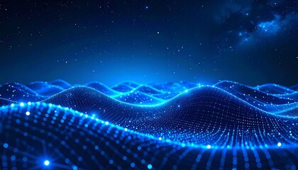 Abstract Luminous Dot Wave Illustration on Dark Night Sky Landscape