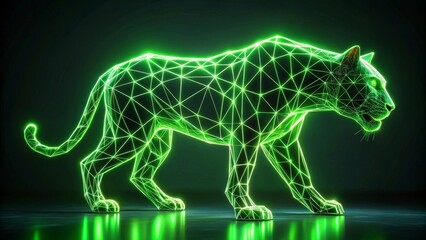 Fototapeta premium Glowing Green Wireframe Panther in Dark Setting A Digital Rendering of a Majestic Feline Silhouette